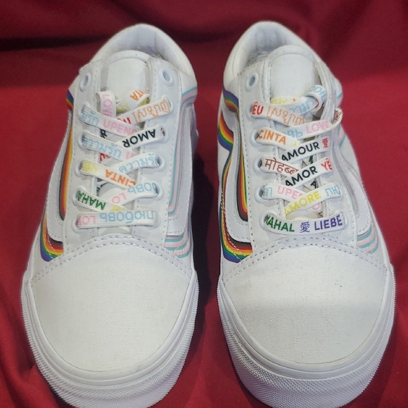 Vans White Pride Sneakers with Rainbow Stripes And Pastel Rainbow Stripes - Picture 3 of 14